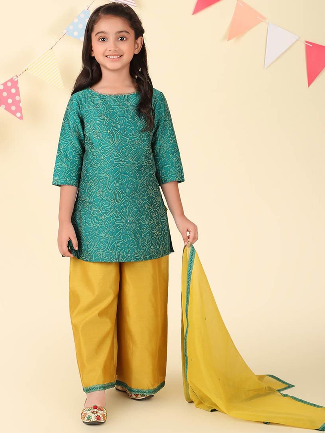 

Fabindia Girls Ethnic Motifs Printed Cotton Silk Straight Kurta With Palazzos & Dupatta, Teal