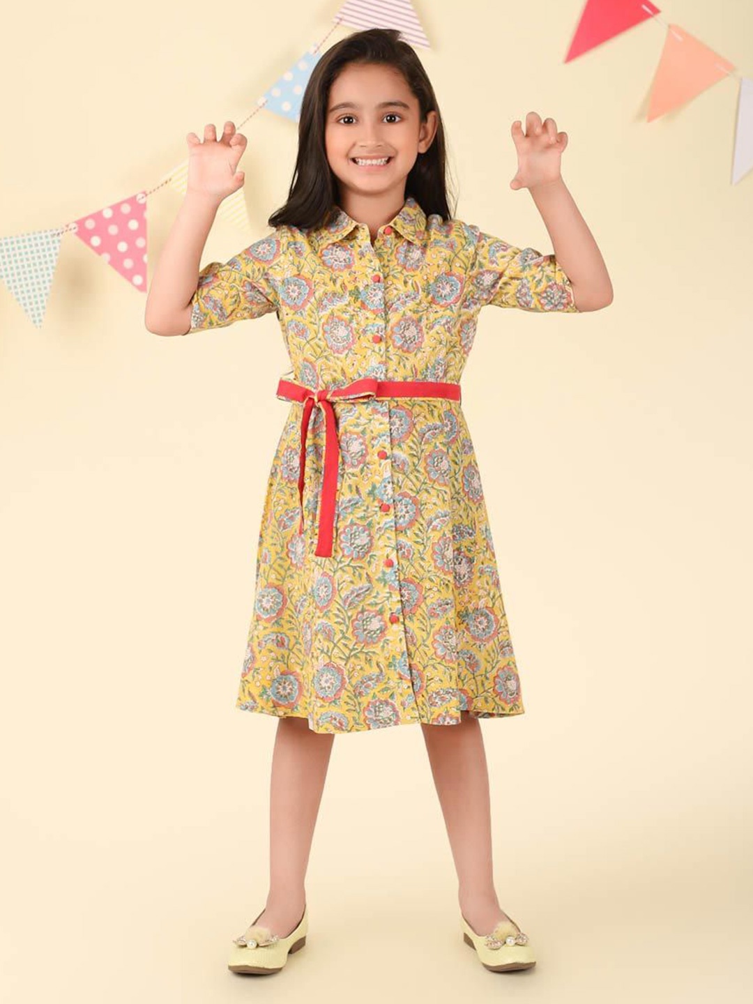 

Fabindia Girls Cotton Floral Hand Block Printed T-shirt Dress, Yellow