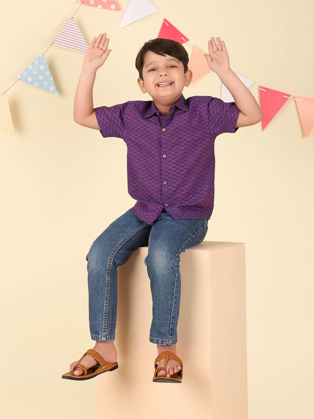 

Fabindia Boys Spread Collar Chevron Striped Cotton Casual Shirt, Purple