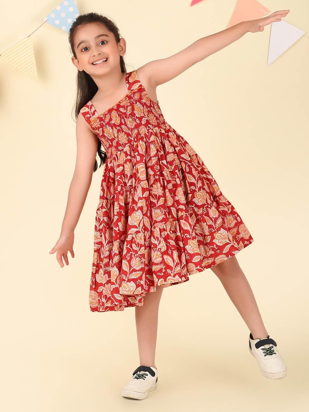 

Fabindia Girls Cotton Floral Printed Smocked Square Neck Sleeveless Fit and Flare Dress, Red
