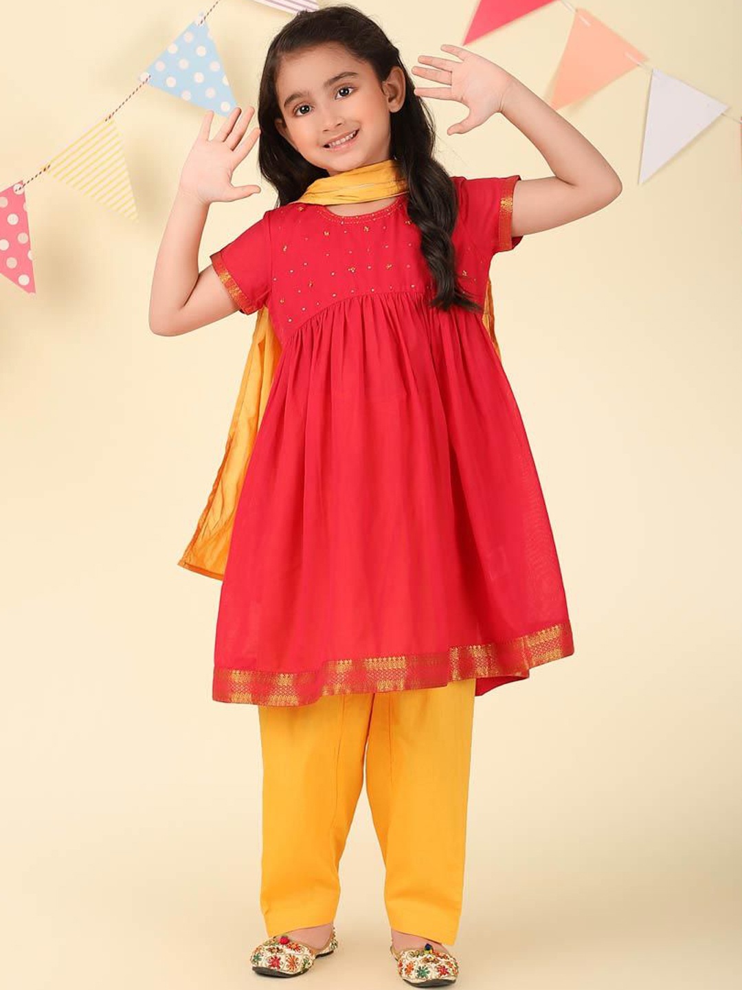 

Fabindia Girls Round Neck Regular Sequinned A-Line Kurta with Salwar & Dupatta, Pink