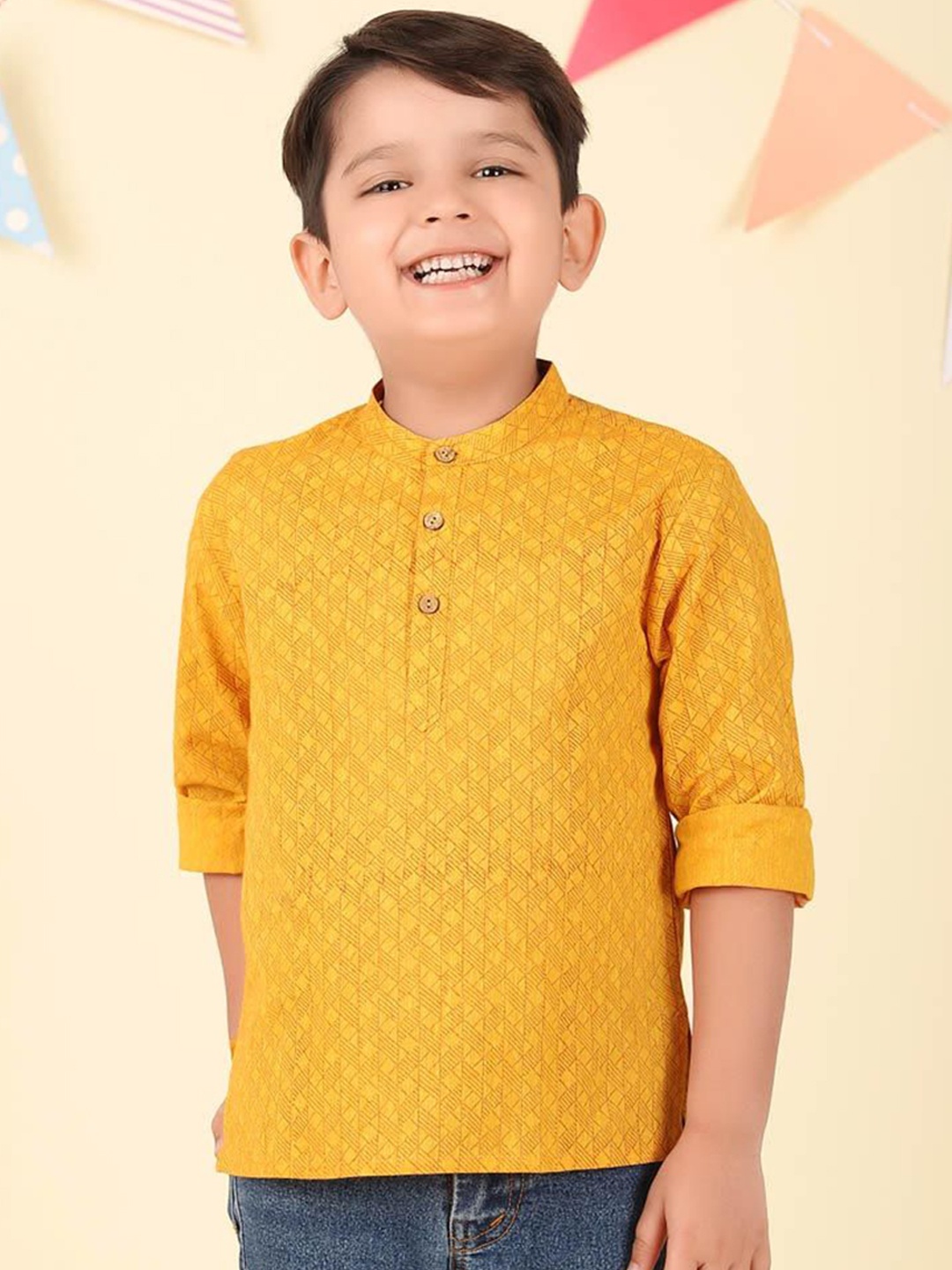 

Fabindia Boys Ethnic Motifs Block Printed Band Collar Cotton A-Line Kurta, Yellow
