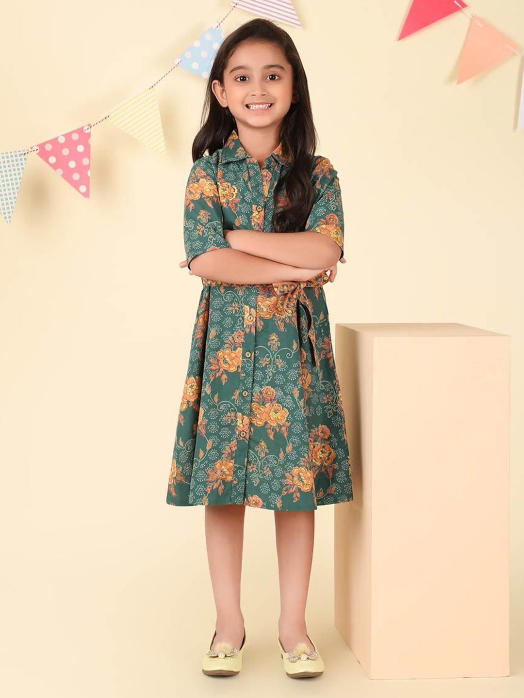 

Fabindia Girls Floral Printed Fit & Flare Dress, Green