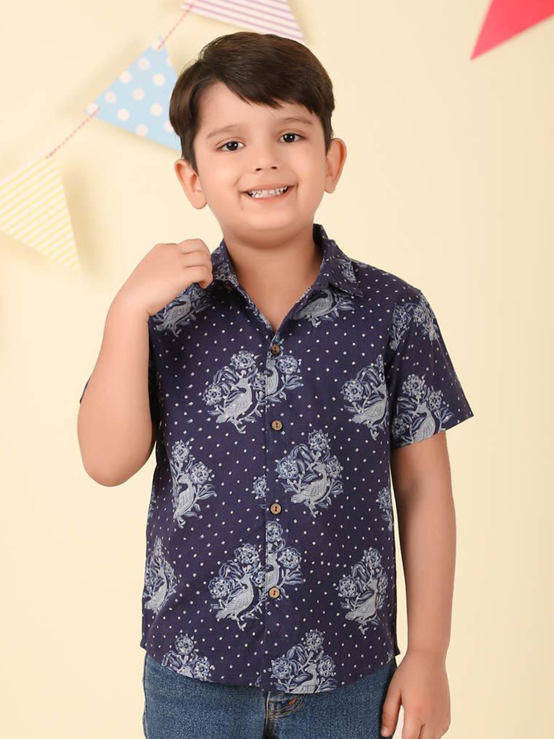

Fabindia Boys Spread Collar Floral Printed Cotton Casual Shirt, Navy blue