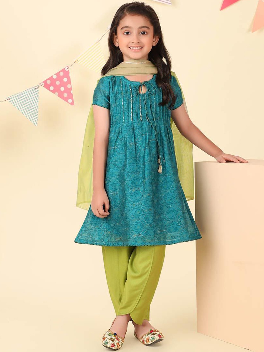 

Fabindia Girls Printed Cotton Silk Regular A-Line Kurta with Salwar & Dupatta, Teal
