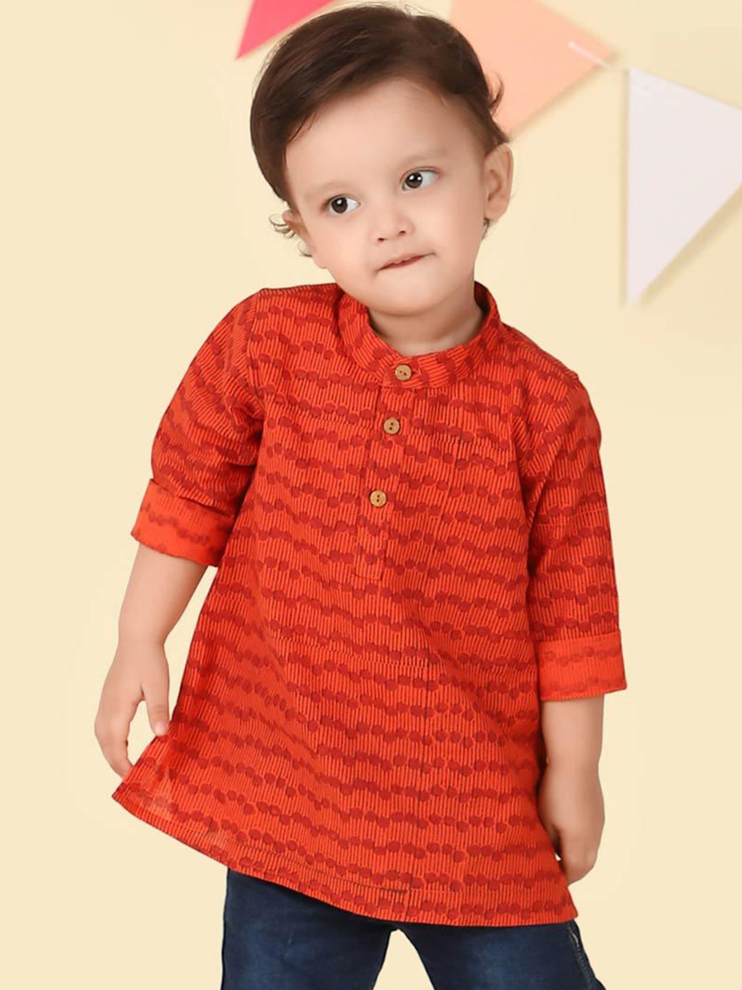 

Fabindia Boys Ethnic Motifs Printed Band Collar Cotton Straight Kurta, Red