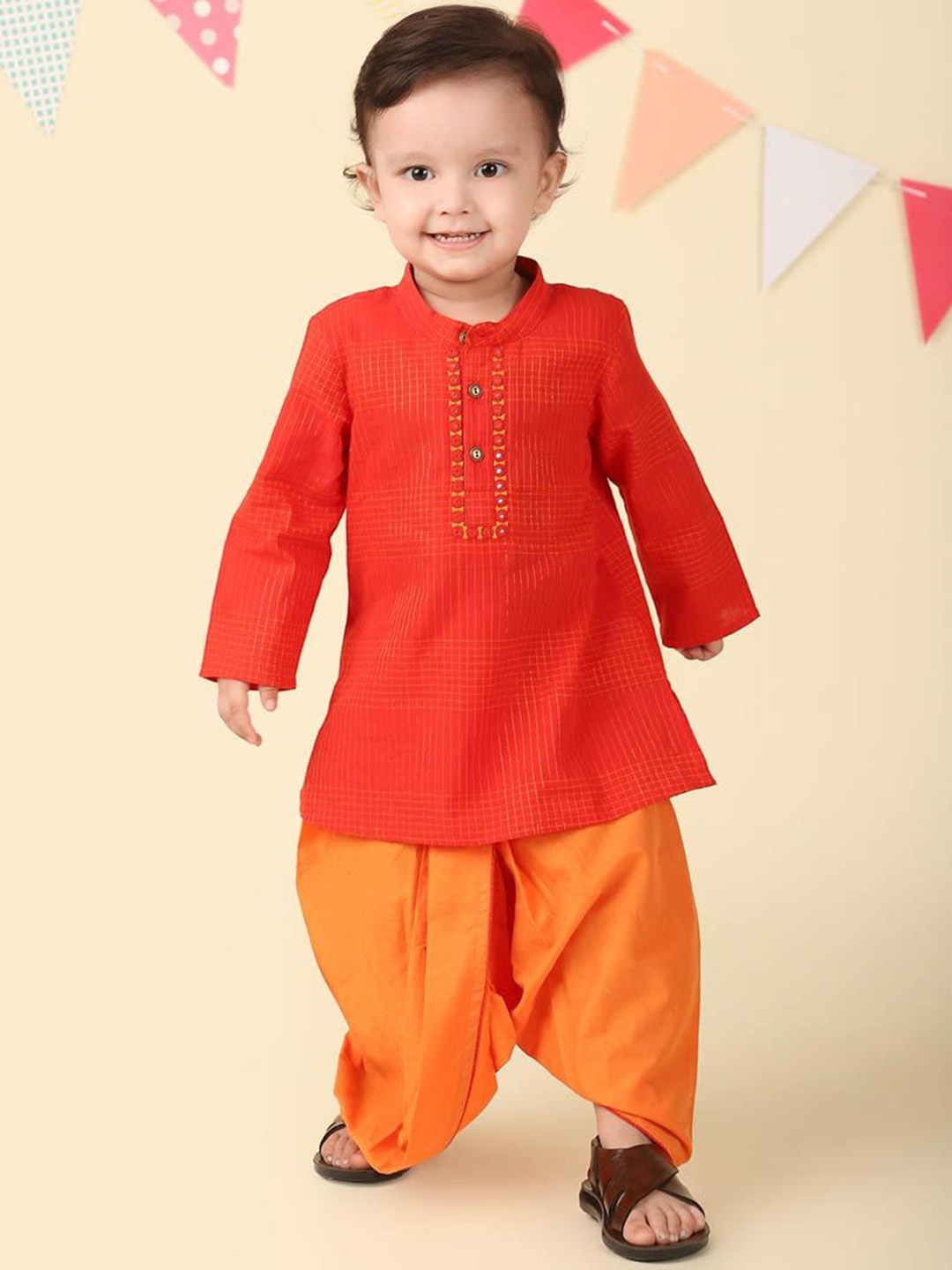 

Fabindia Boys Checked Band Collar Pure Cotton Straight Kurta With Dhoti Pants, Red