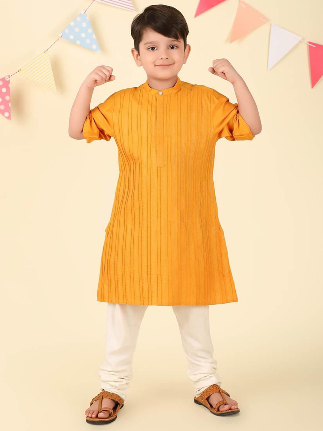 

Fabindia Boys Striped Mandarin Collar Straight Kurta, Mustard