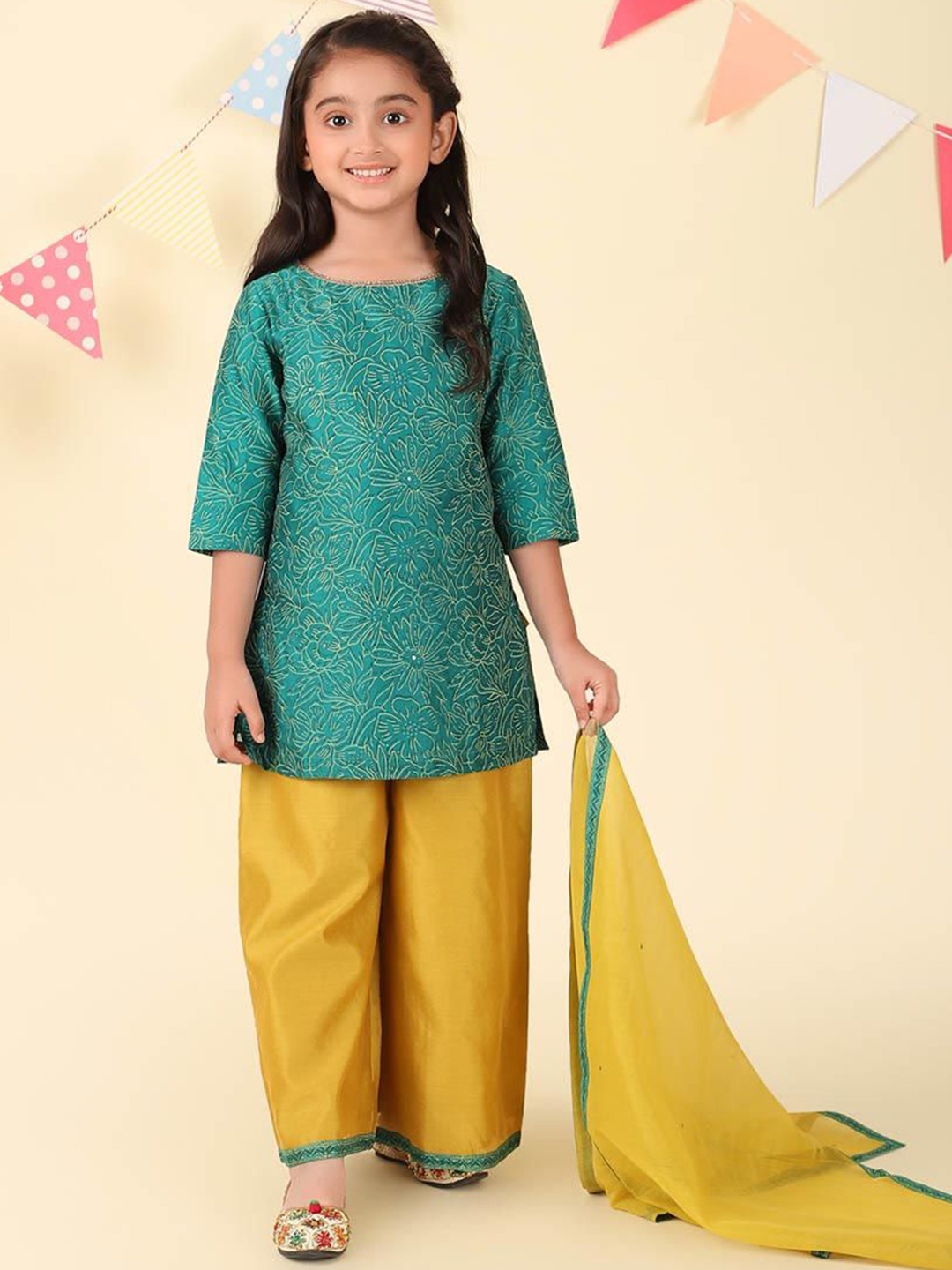 

Fabindia Girls Ethnic Motifs Printed Cotton Silk Straight Kurta with Palazzos & Dupatta, Teal