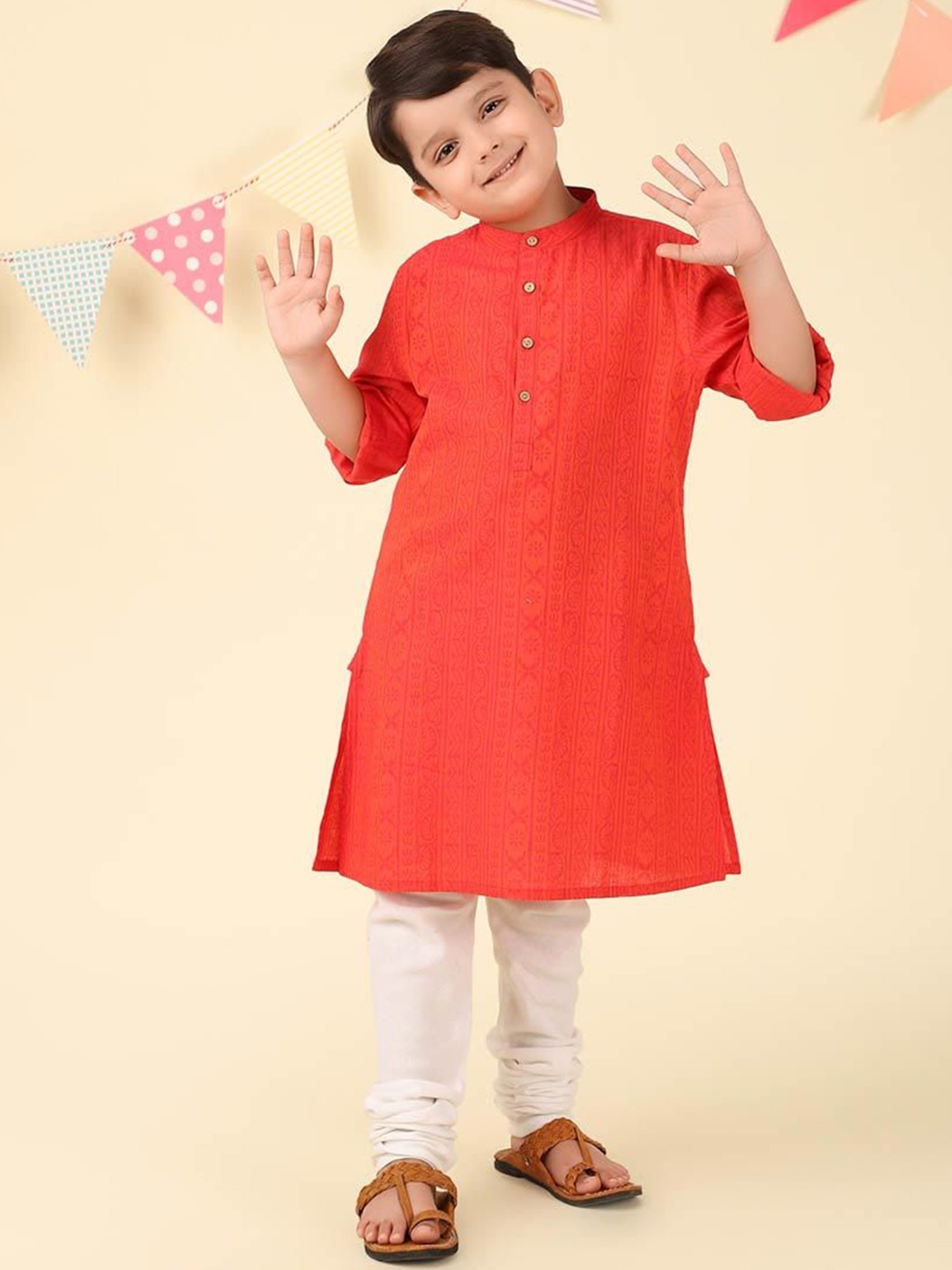

Fabindia Boys Ethnic Motifs Mandarin Collar Kurta, Red