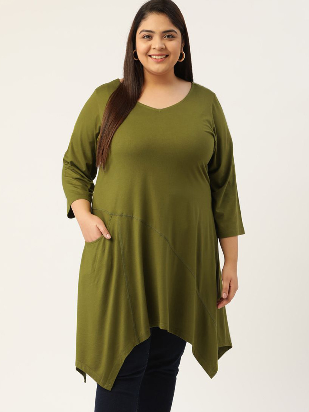 

theRebelinme Women Plus Size V-Neck Asymmetrical Longline Top, Green