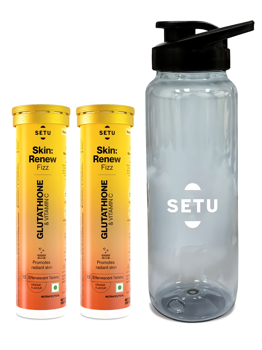 

SETU Skin Renew Set Of 2 Glutathione Tablets- Orange Flavour-15 Tablet Each & Sipper-750ml