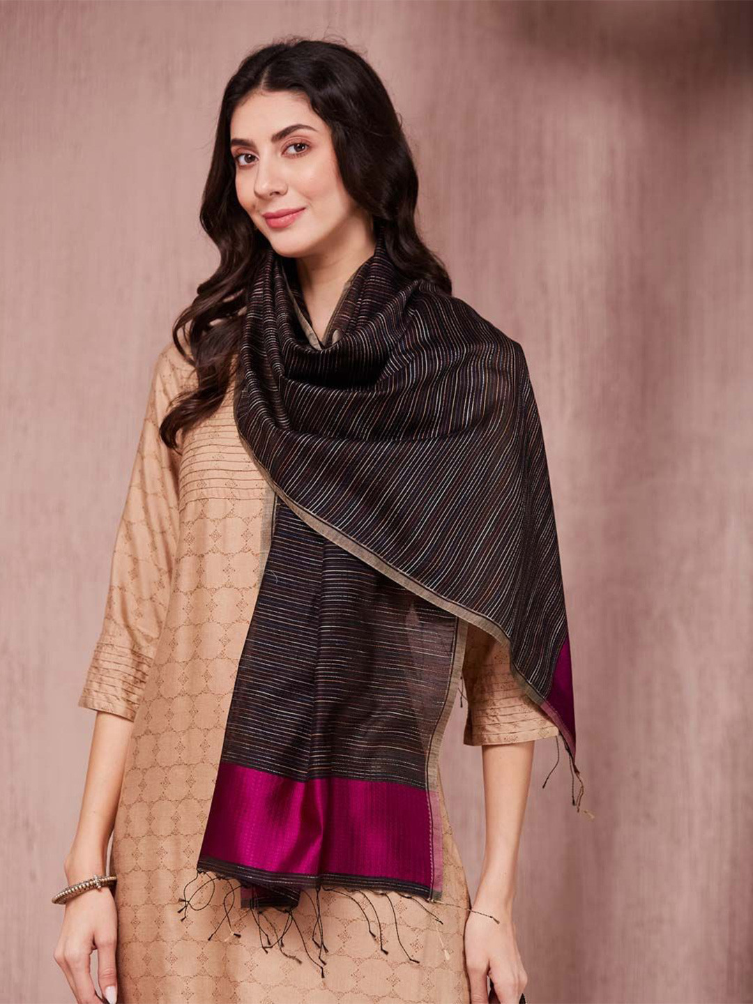 

Fabindia Women Striped Stole, Black