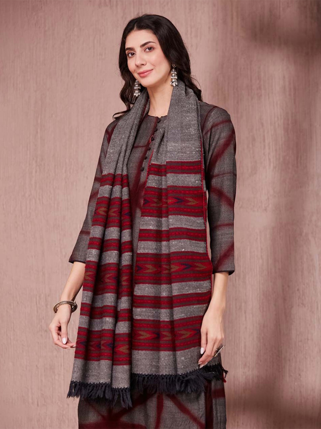 

Fabindia Women Woven Design Woollen Winter Stole, Grey