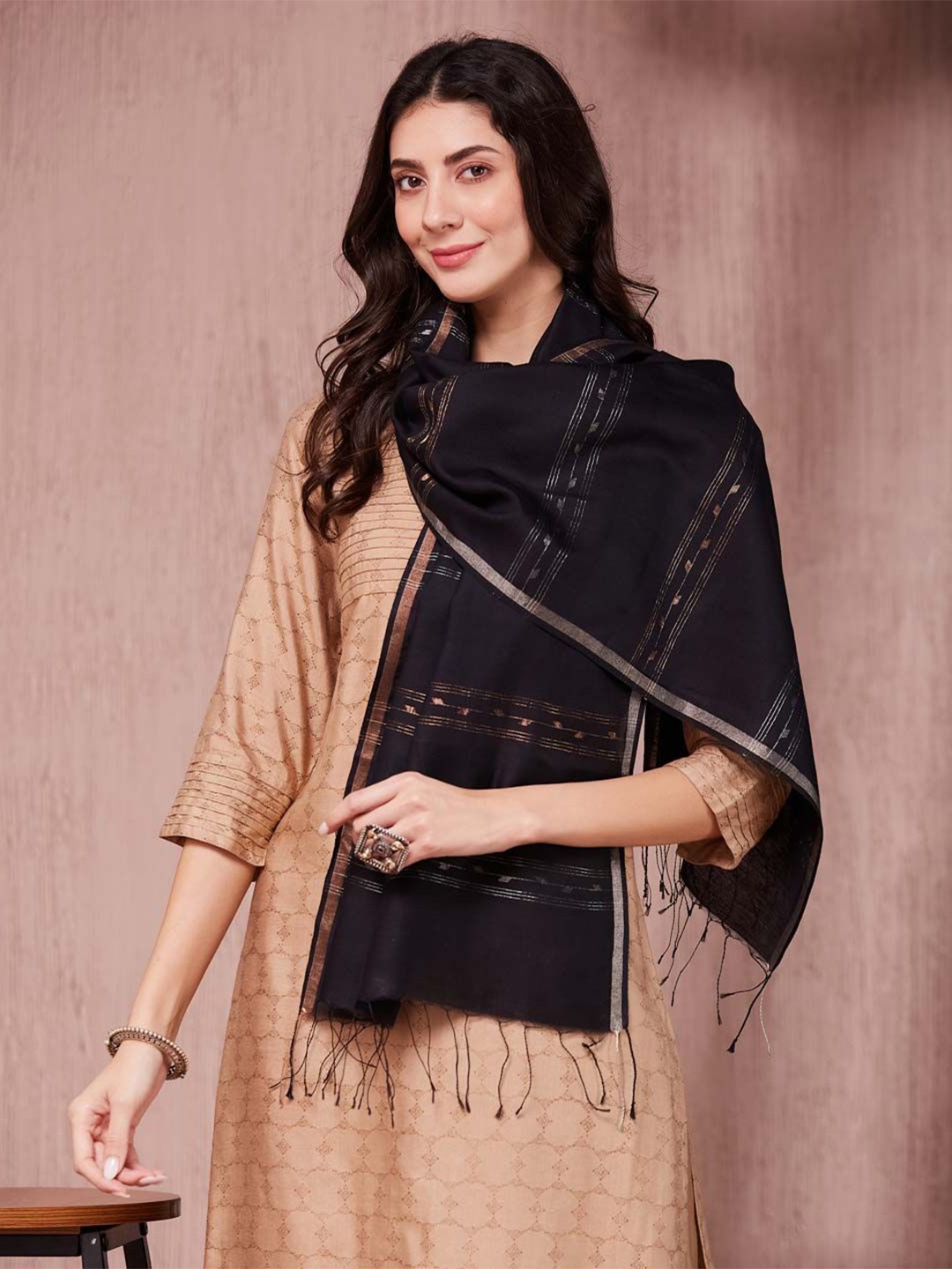

Fabindia Women Woven Design Stole, Black