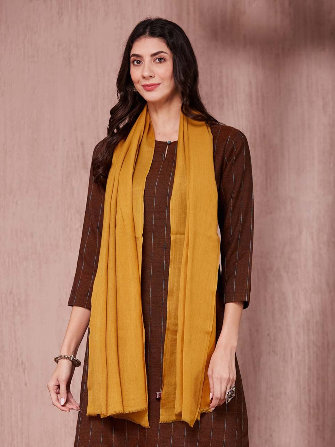 

Fabindia Women Woven Fringed Stole, Mustard