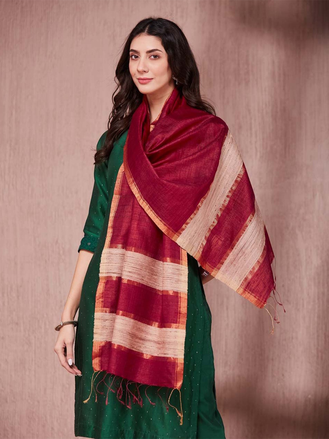 

Fabindia Women Woven Design Winter Stole, Maroon