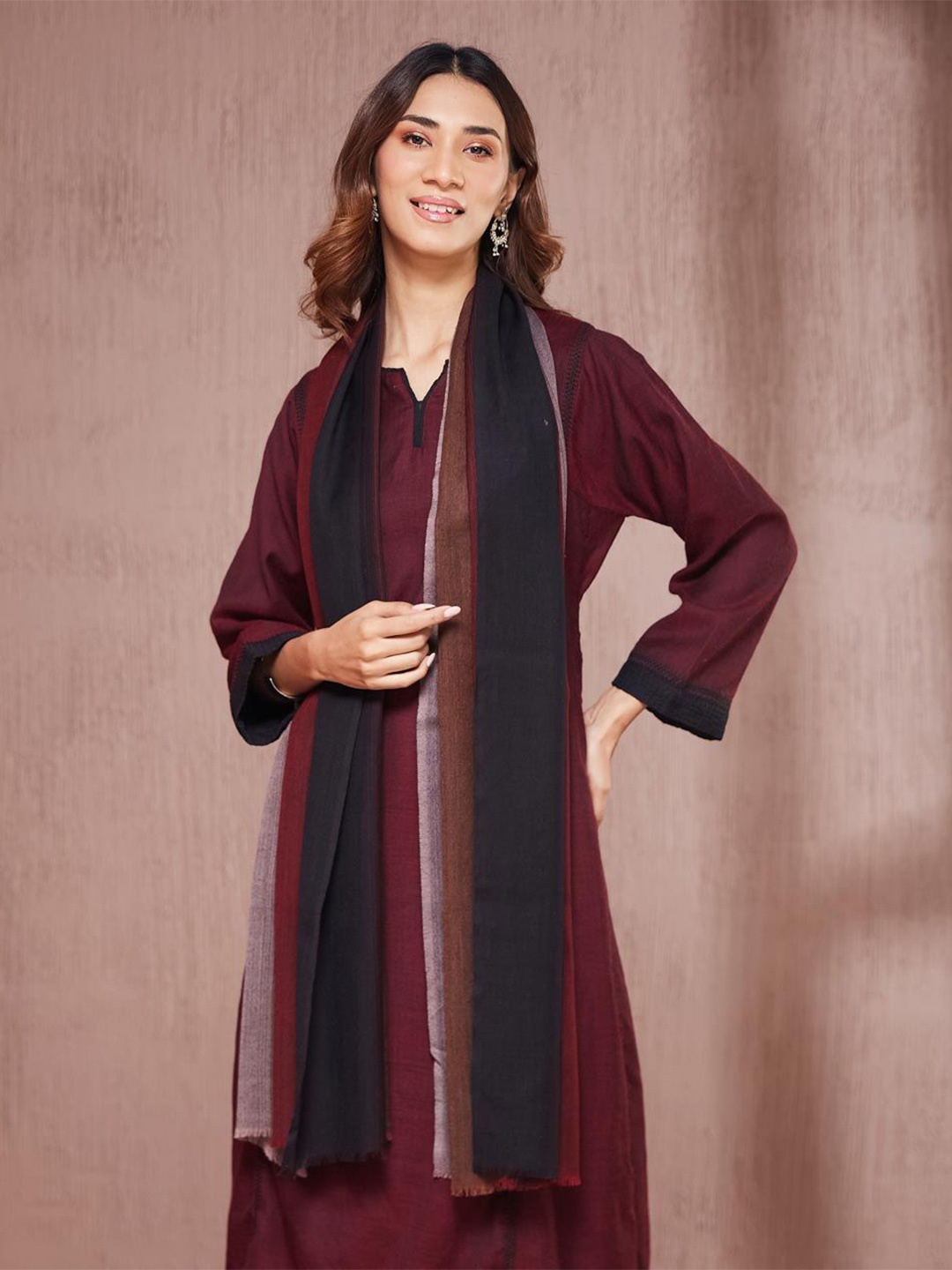 

Fabindia Women Colourblocked Woolen Stole, Brown