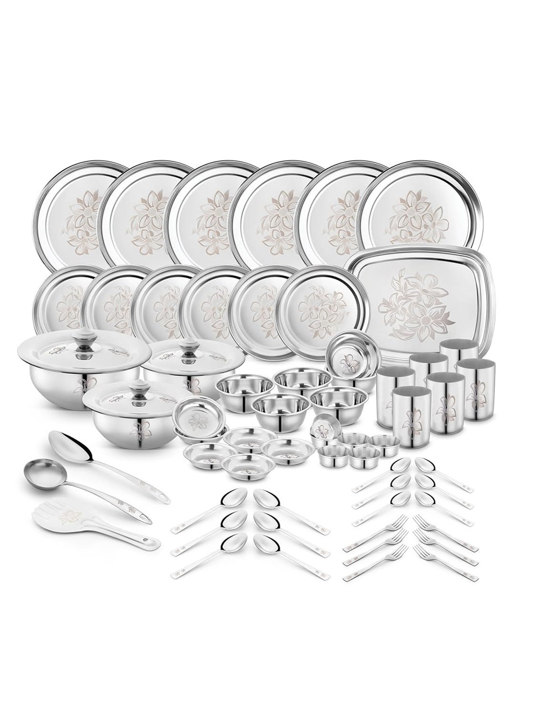 

Classic Essentials Pack of 64 Stainless Steel Glory Lazer Design Heavy Gauge Dinner Set, Silver