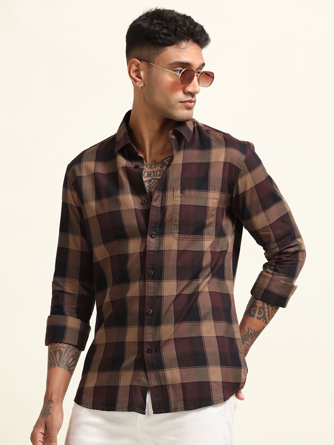

RIGS AND RAGS Men Comfort Spread Collar Tartan Checked Cotton Casual Shirt, Brown