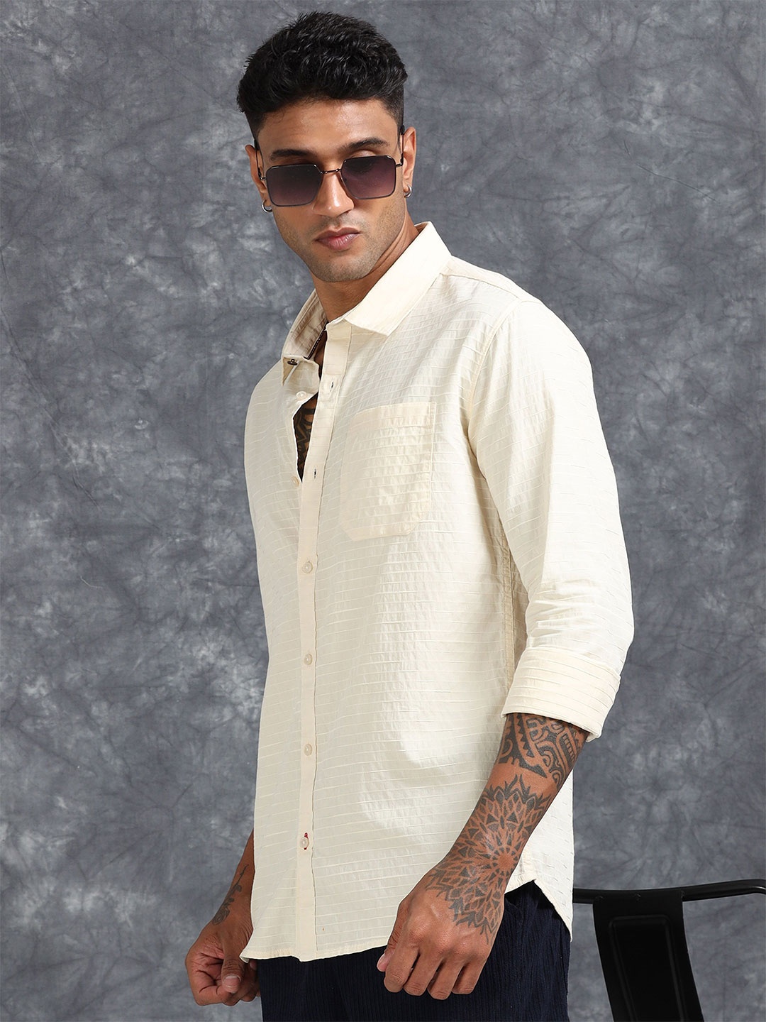 

RIGS AND RAGS Men Original Spread Collar Textured Cotton Casual Shirt, Beige