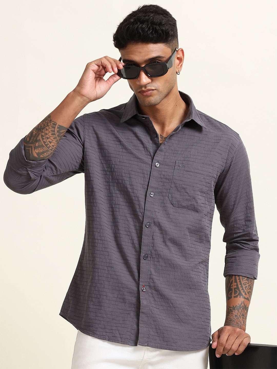 

RIGS AND RAGS Men Original Fit Spread Collar Striped Cotton Casual Shirt, Grey