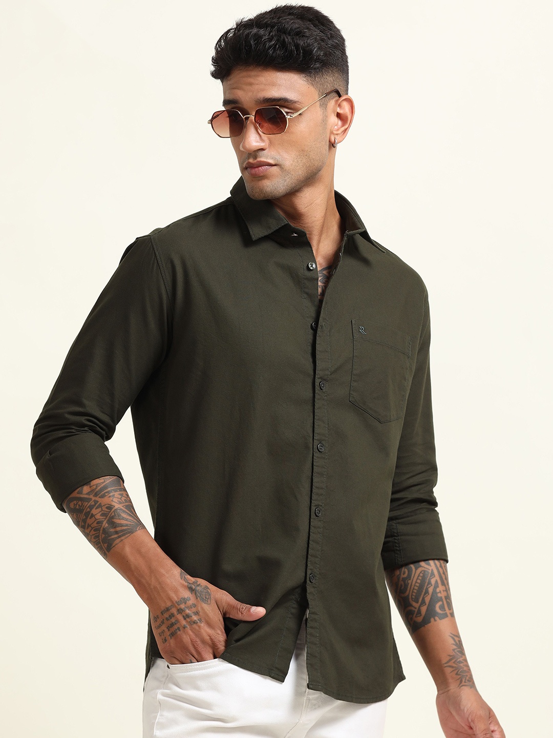 

RIGS AND RAGS Men Classic Spread Collar Solid Cotton Casual Shirt, Olive
