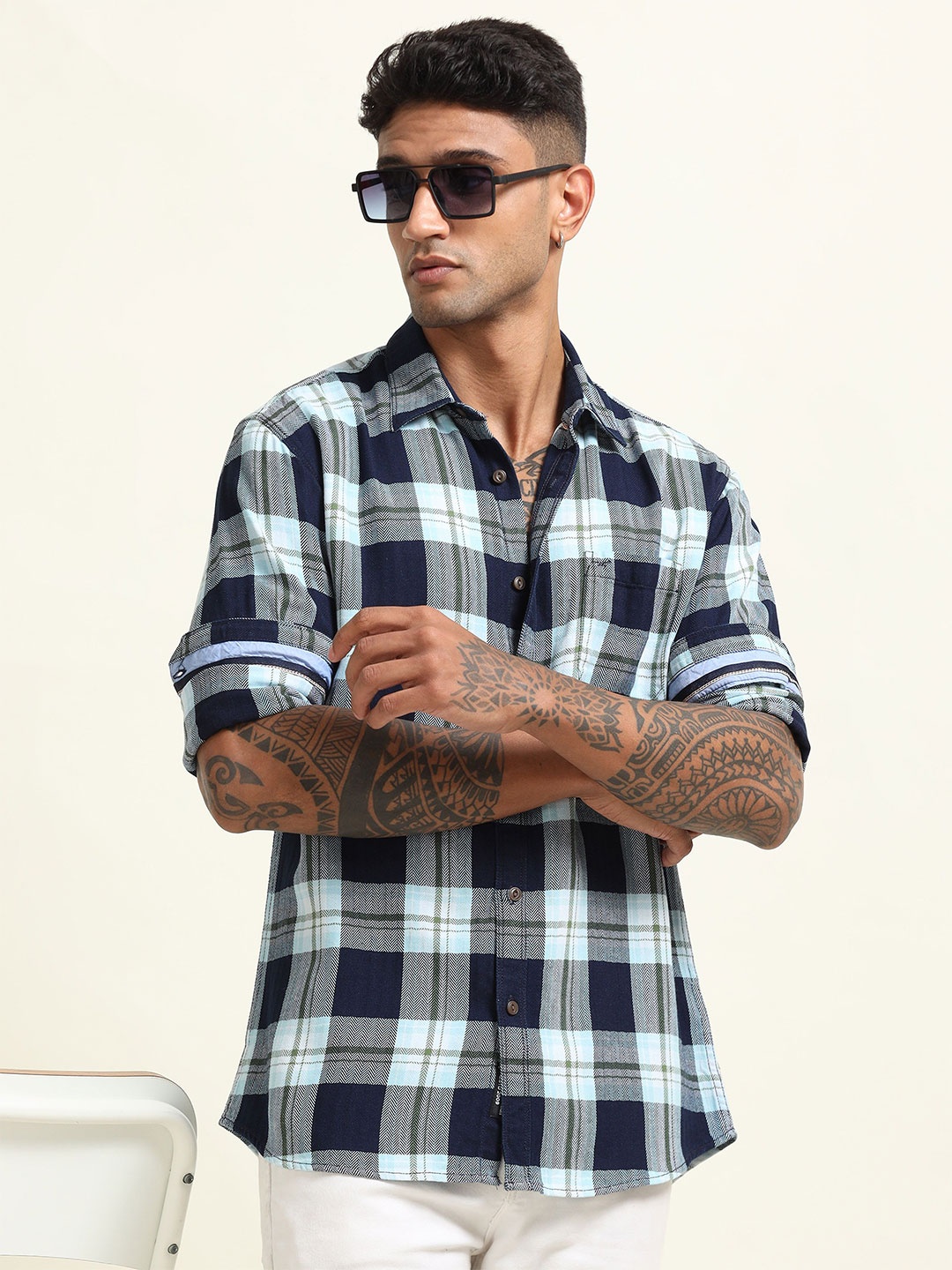 

RIGS AND RAGS Men Custom Spread Collar Checked Cotton Casual Shirt, Navy blue