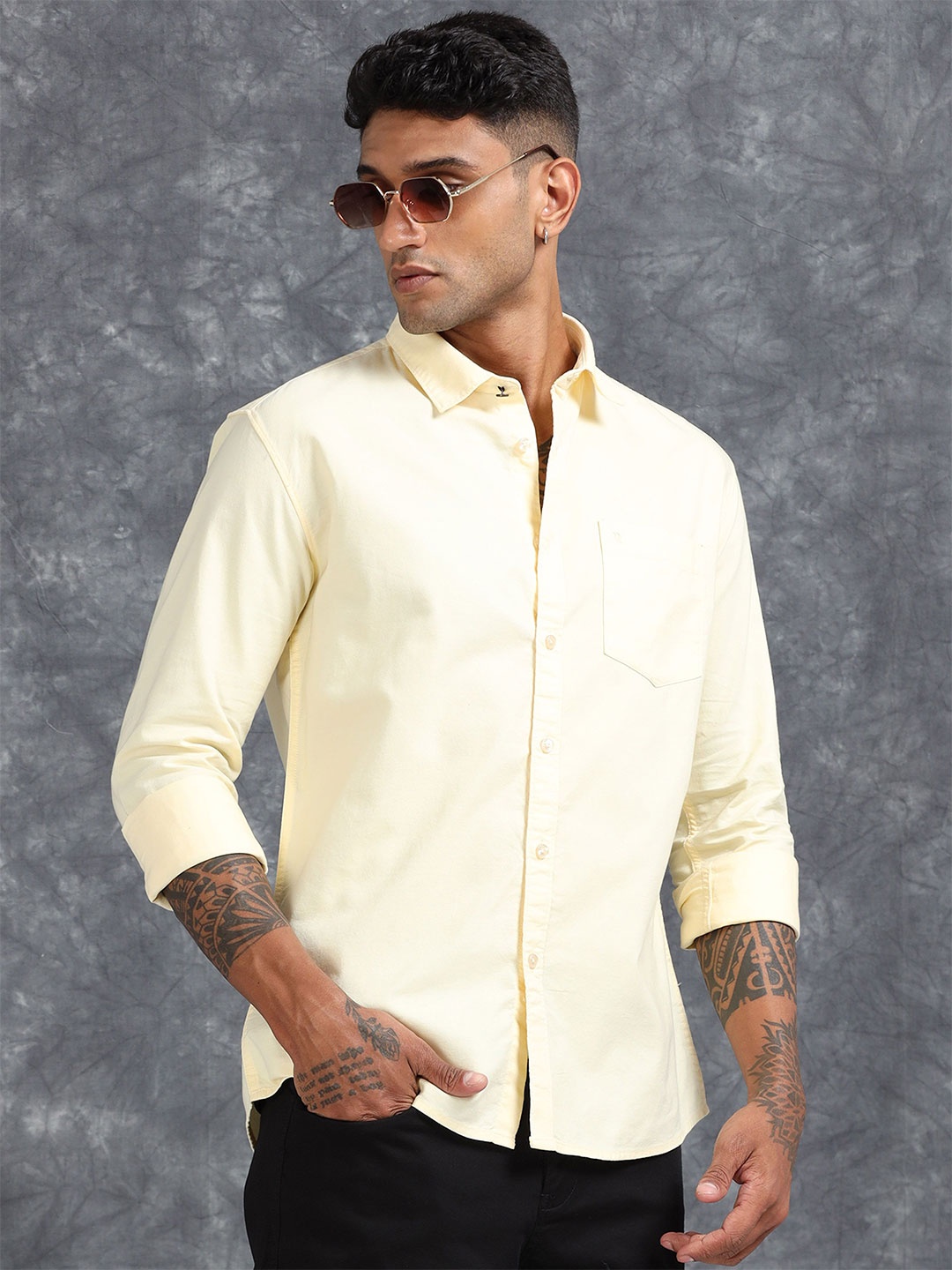 

RIGS AND RAGS Men Classic Spread Collar Solid Cotton Casual Shirt, Yellow