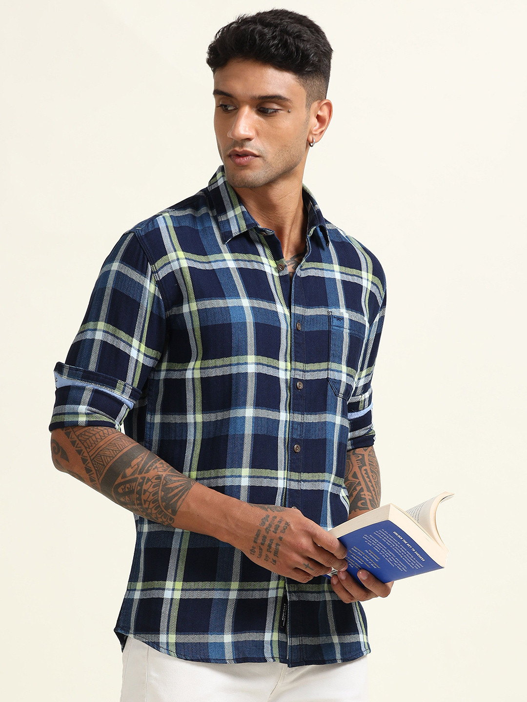

RIGS AND RAGS Men Custom Spread Collar Tartan Checked Cotton Casual Shirt, Navy blue
