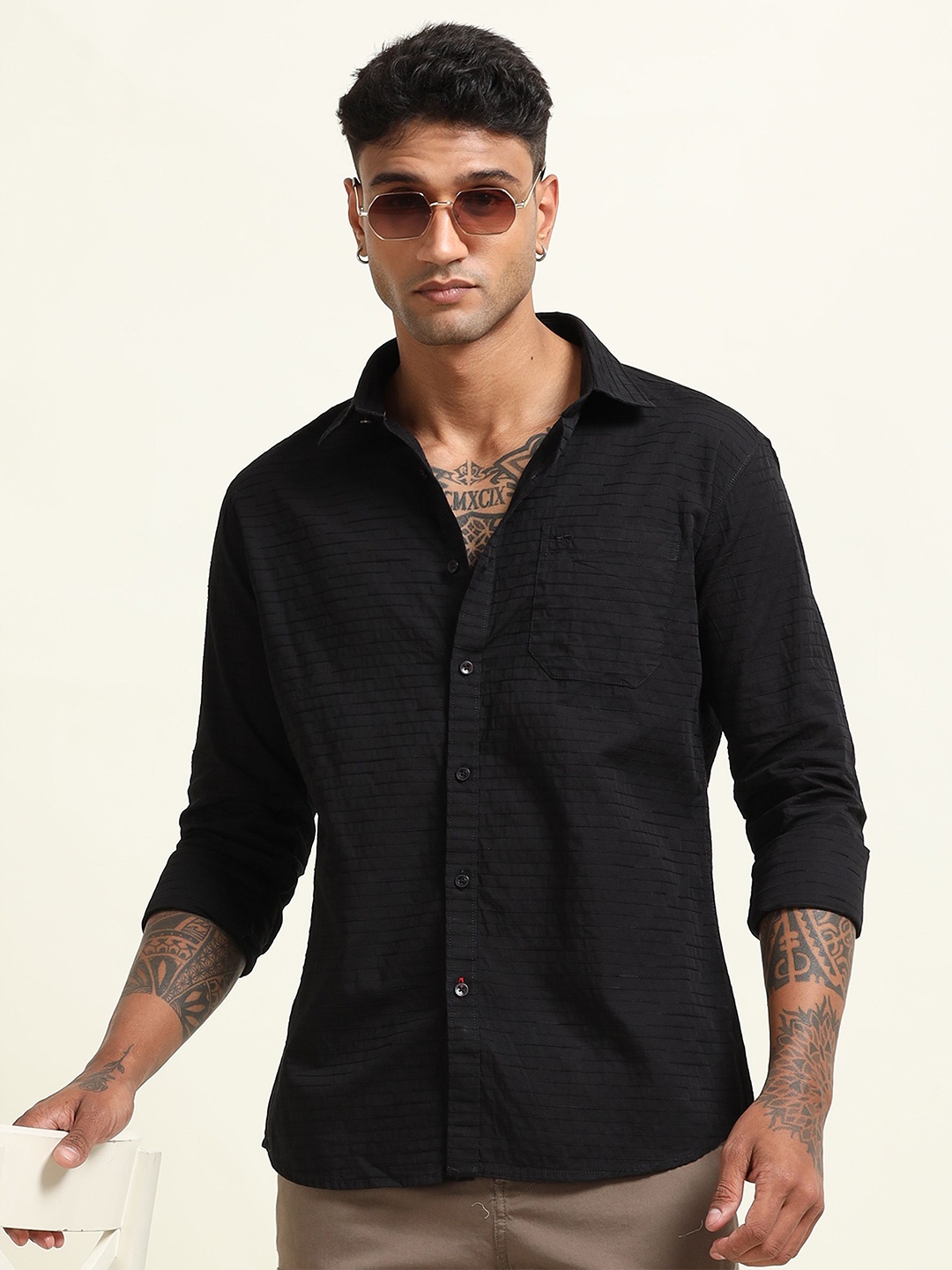 

RIGS AND RAGS Men Original Spread Collar Textured Cotton Casual Shirt, Black