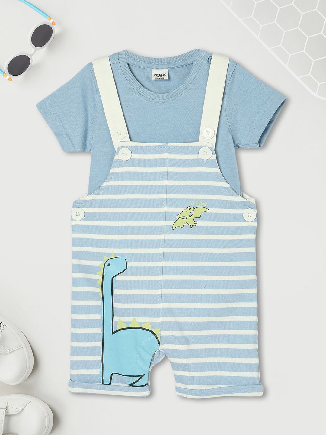 

max Boys Striped Printed Pure Cotton Casual Dungaree With T-shirt, Blue