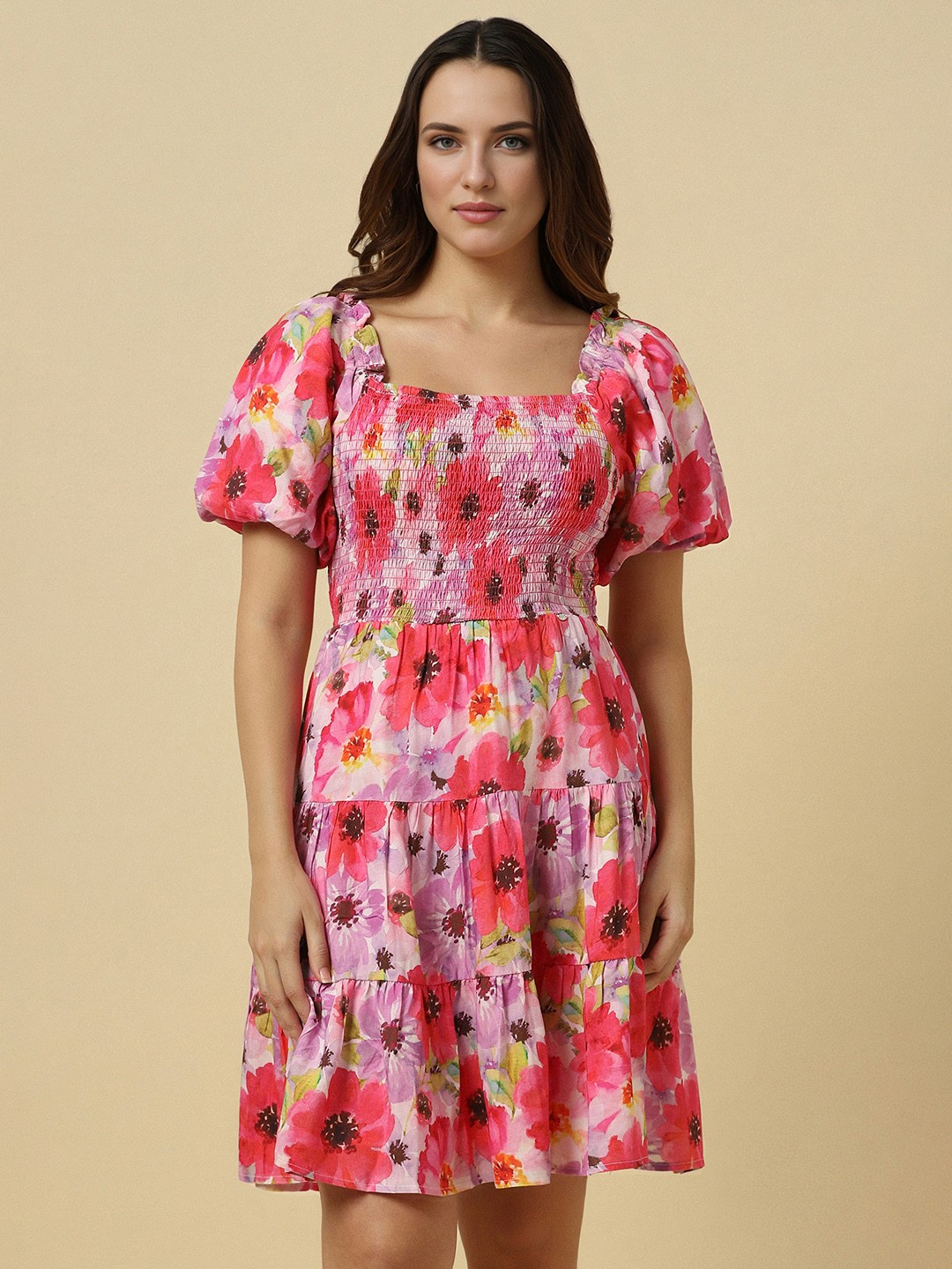 

Allen Solly Woman Floral Print Smocked Fit & Flare Dress, Pink