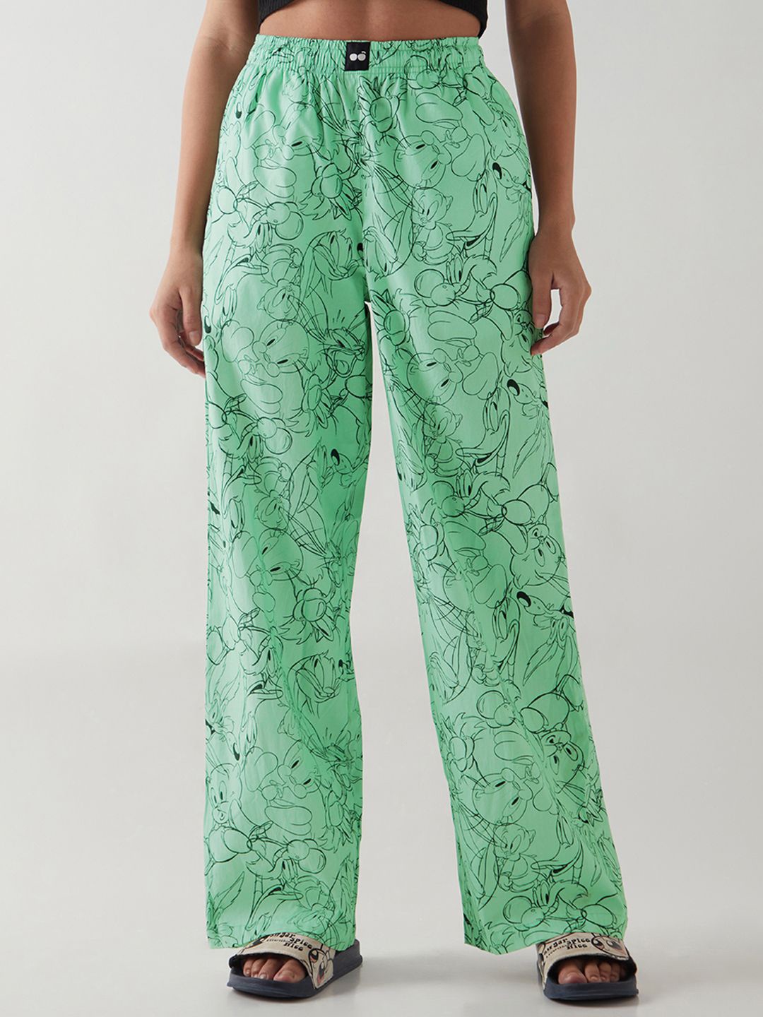 

Bewakoof Women All Over Printed Wide Leg Lounge Pants, Green