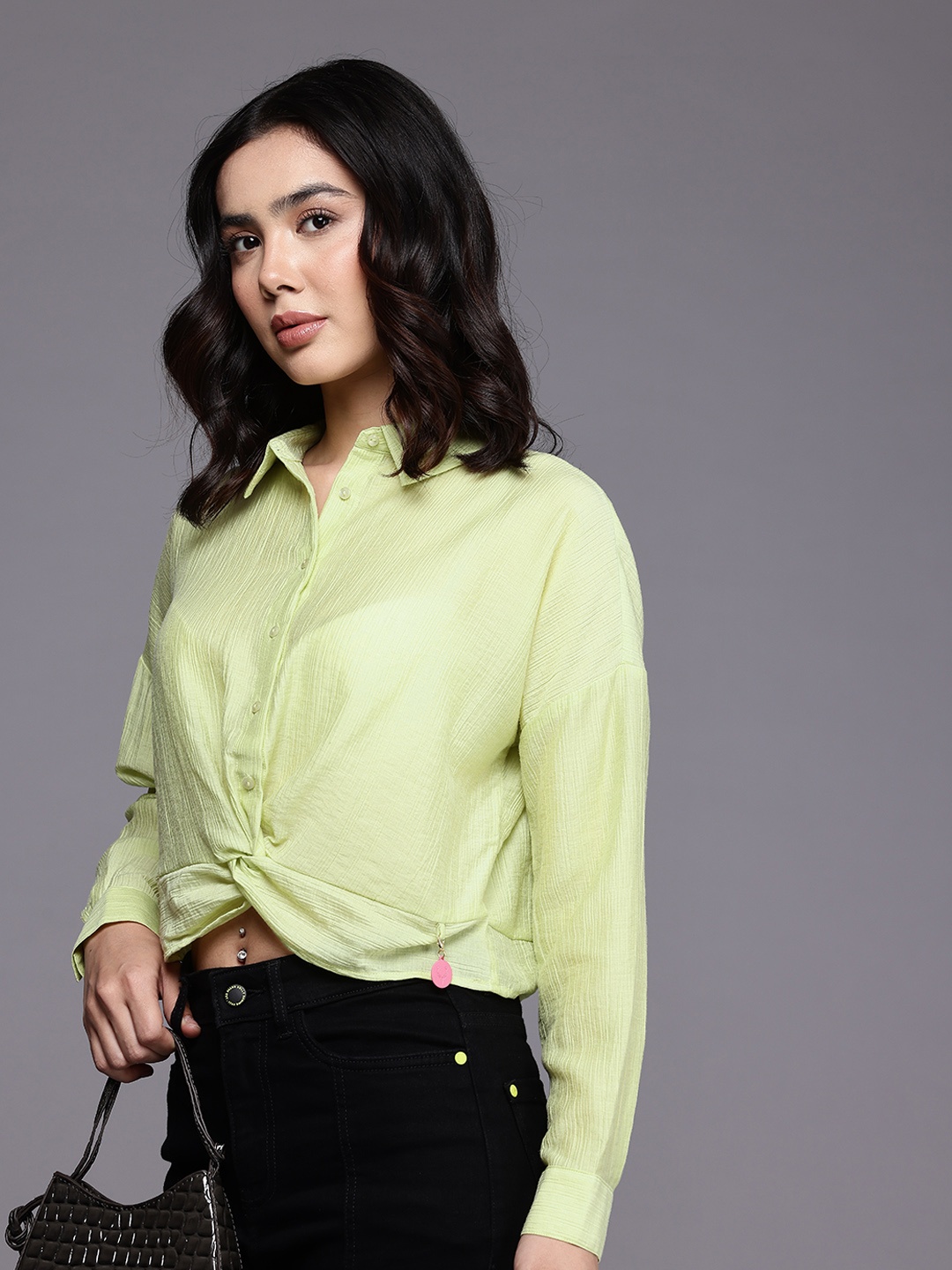 

Allen Solly Woman Textured Twisted Shirt Style Crop Top, Green