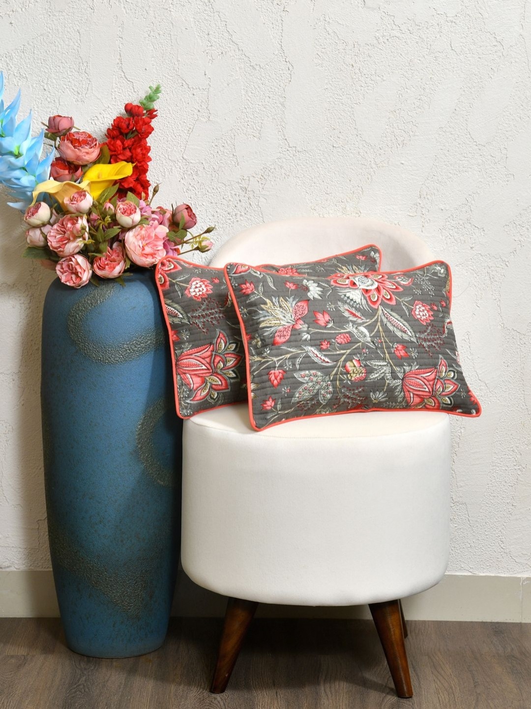 

Clasiko Grey & Pink 2 Pieces Floral Printed Cotton Rectangle Cushion Covers