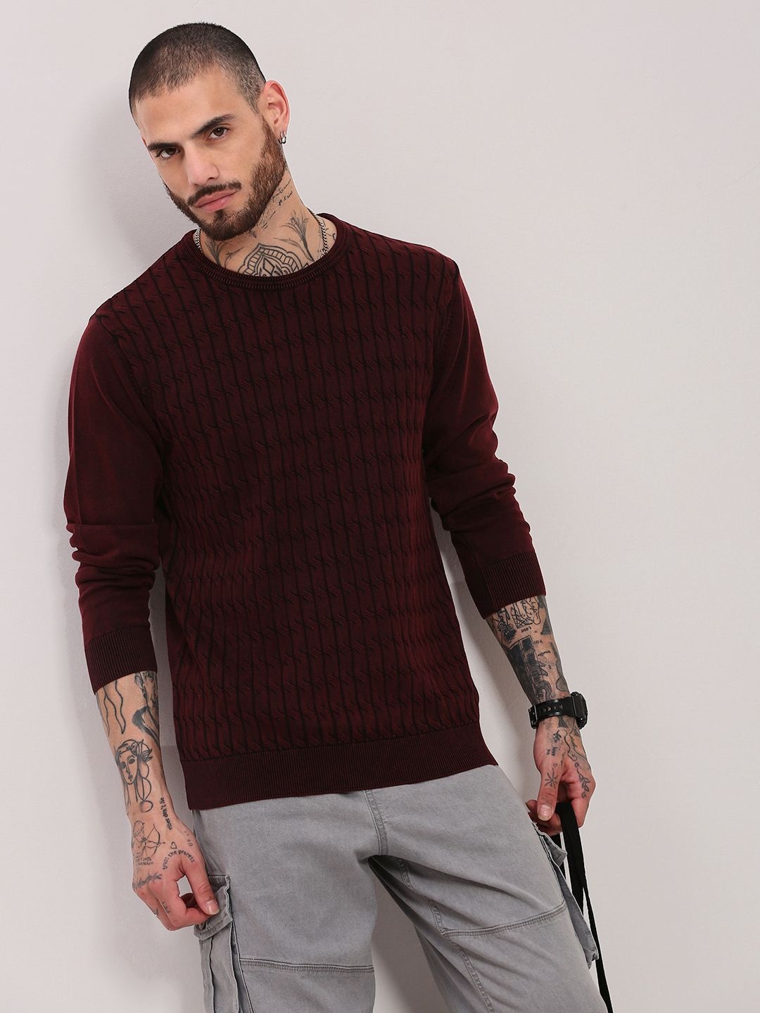 

SHOWOFF Men Cotton Self Design Cable Knit Pullover Sweater, Maroon