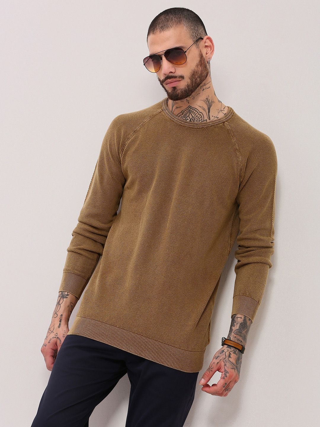 

SHOWOFF Men Cotton Self Design Pullover Sweaters, Brown