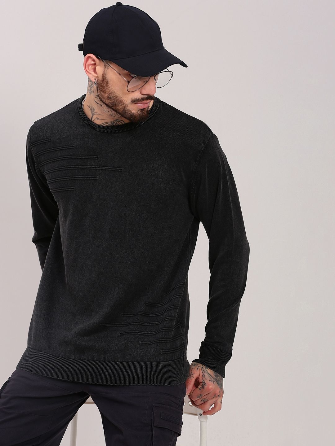 

SHOWOFF Men Cotton Round Neck Pullover, Black