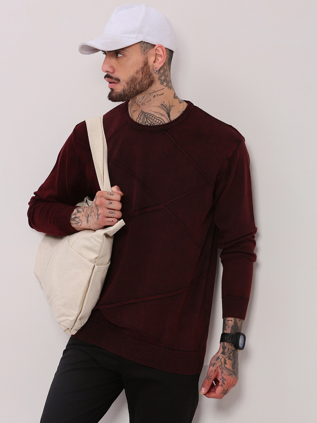 

SHOWOFF Men Self Design Pullover Sweaters, Maroon