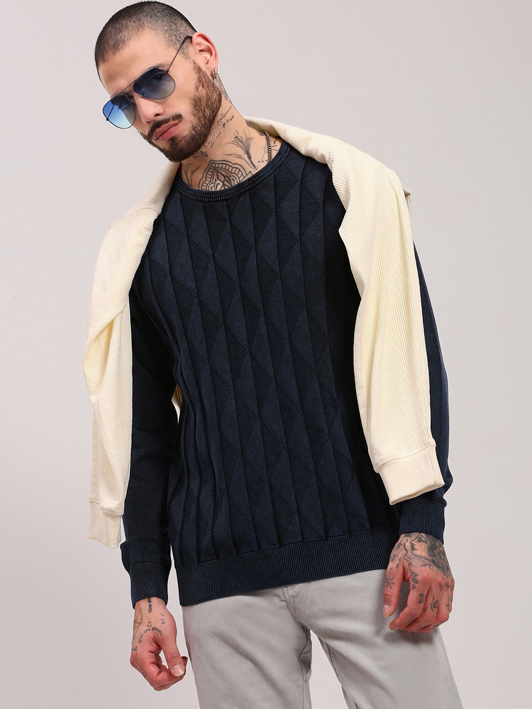 

SHOWOFF Men Cotton Self Design Pullover Sweaters, Navy blue