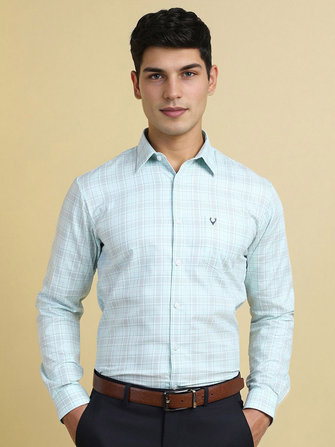 

Allen Solly Men Spread Collar Checked Cotton Slim Fit Formal Shirt, Blue