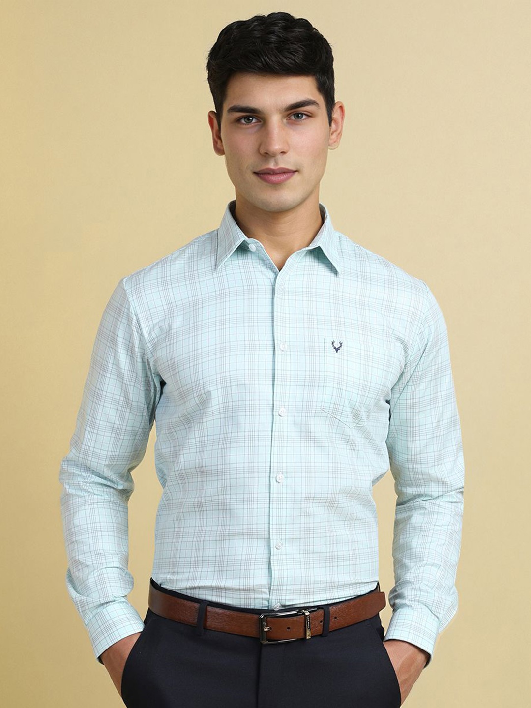 

Allen Solly Men Spread Collar Checked Cotton Slim Fit Formal Shirt, Blue