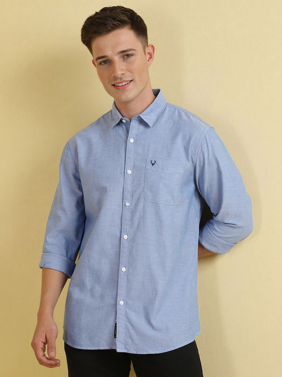 

Allen Solly Men Custom Spread Collar Solid Cotton Casual Shirt, Blue