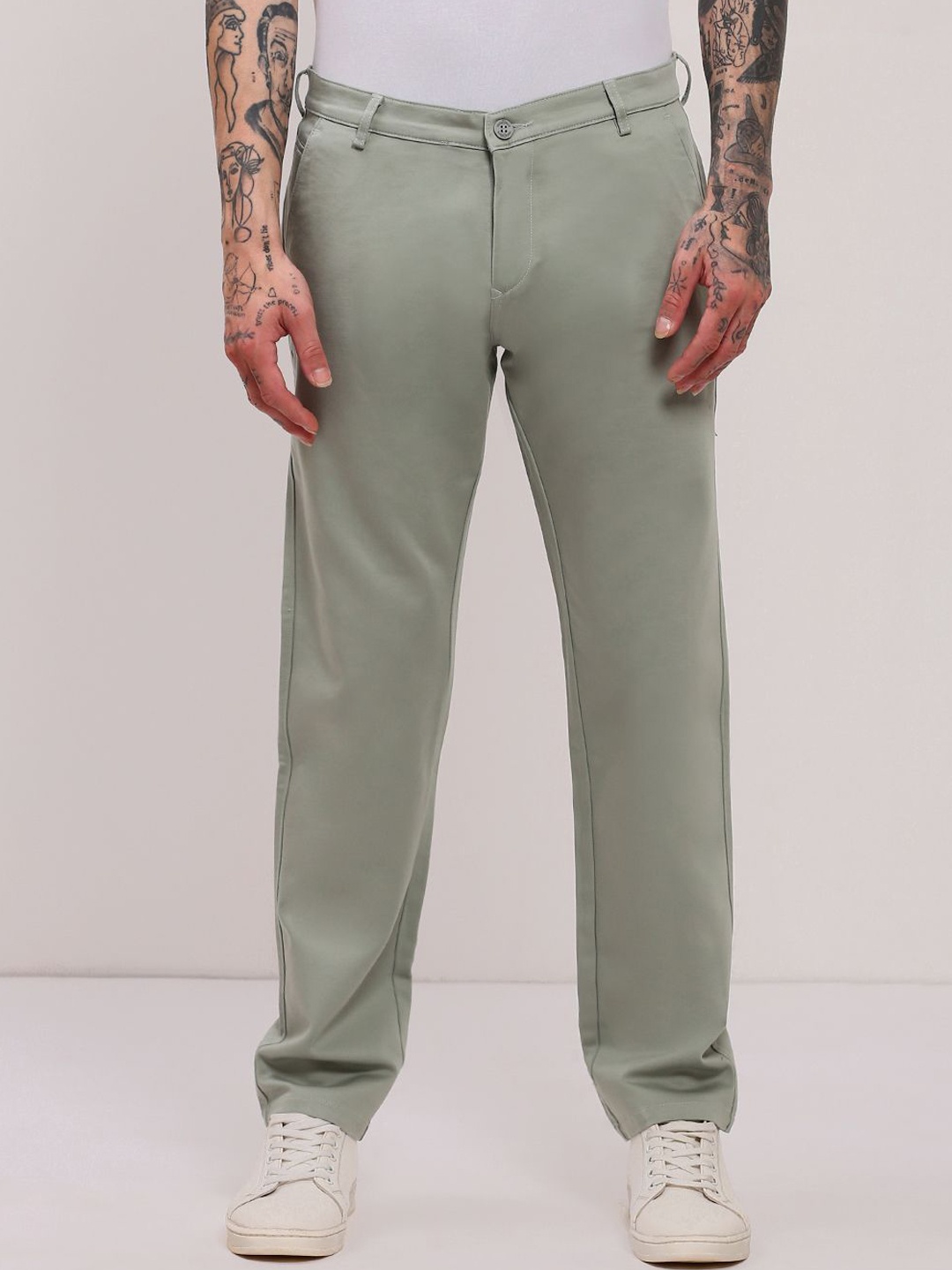 

SHOWOFF Men Cotton Comfort Slim Fit Low-Rise Flat-Front Trousers, Green