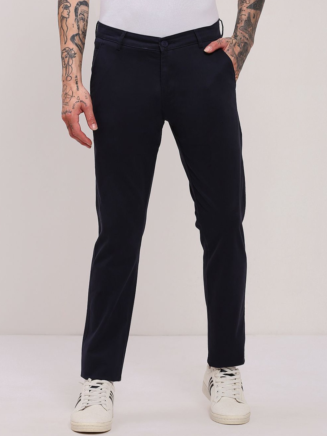 

SHOWOFF Men Comfort Slim Fit Low-Rise Cotton Trousers, Navy blue