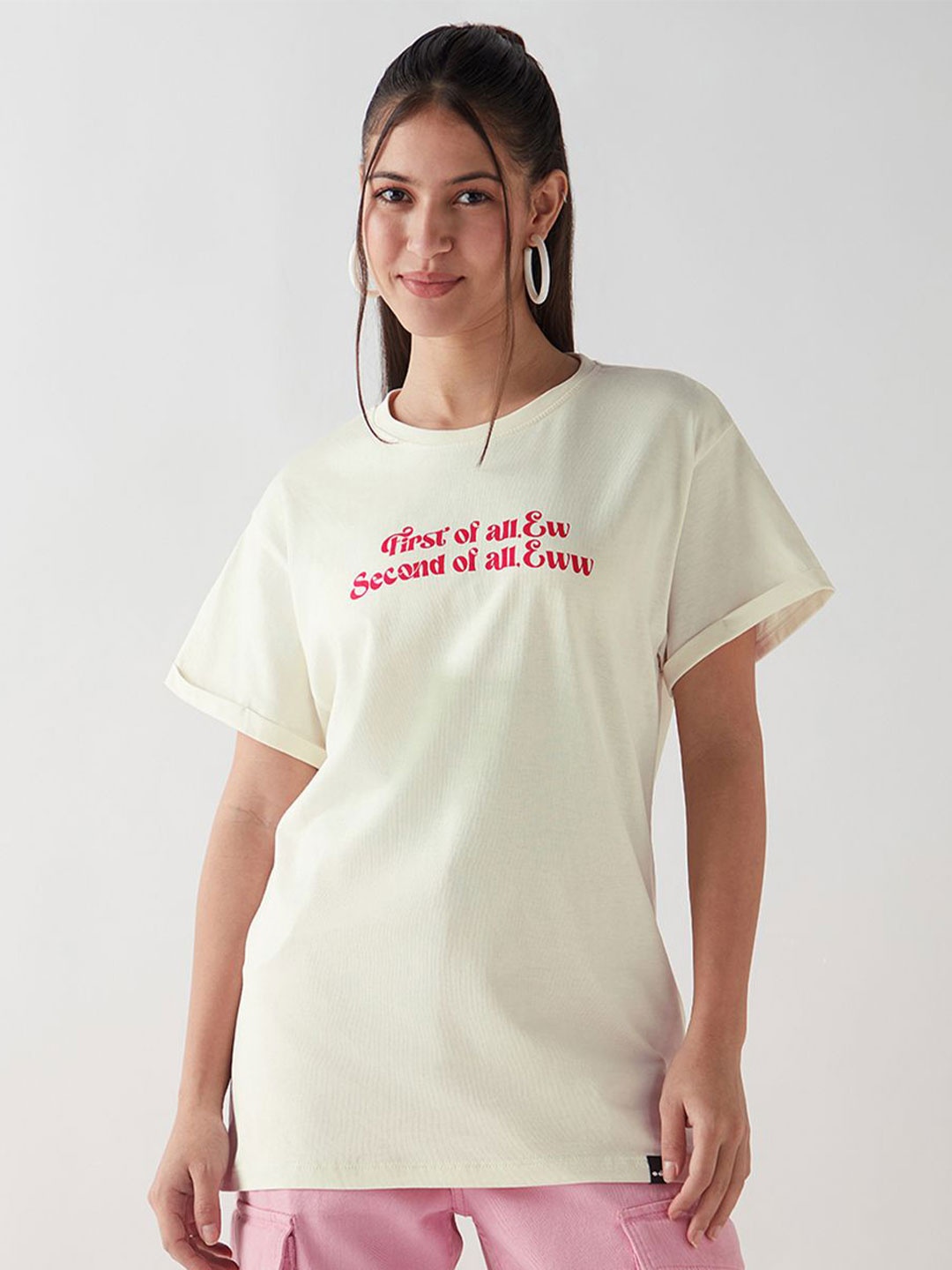 

Bewakoof Women Typography Printed Round Neck Pure Cotton T-shirt, Cream