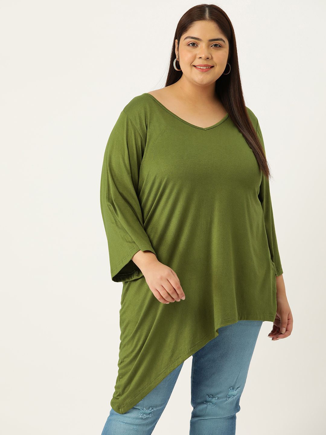 

theRebelinme Women Plus Size V-Neck Longline Top, Green