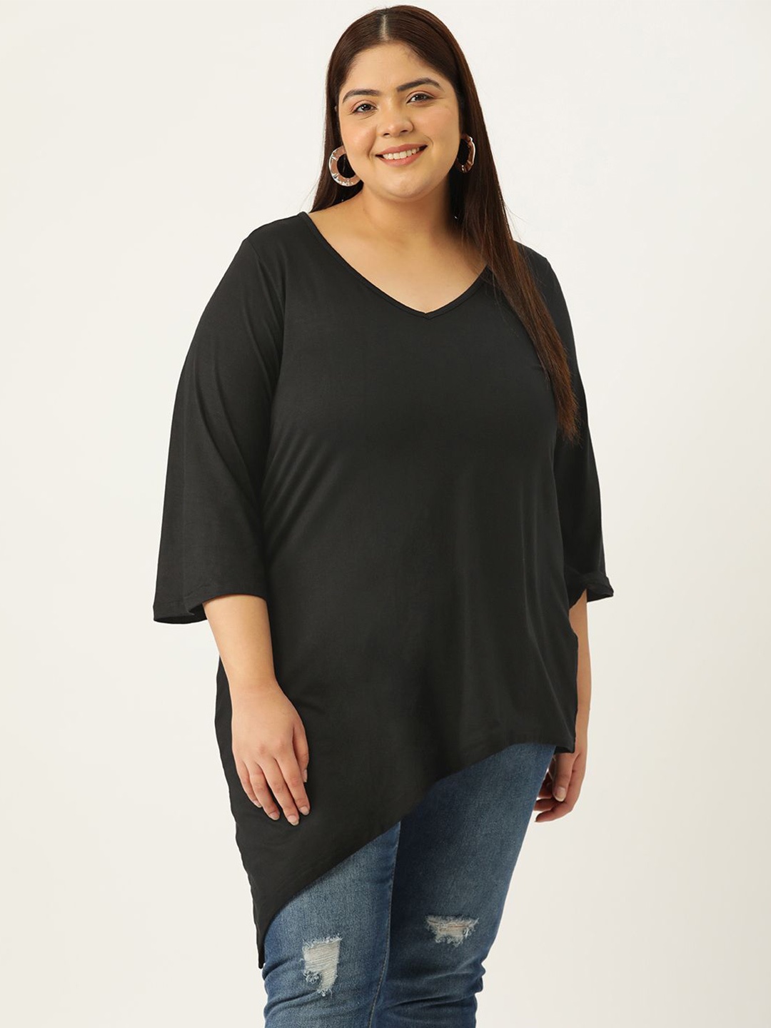 

theRebelinme Women Plus Size V-Neck Longline Top, Black