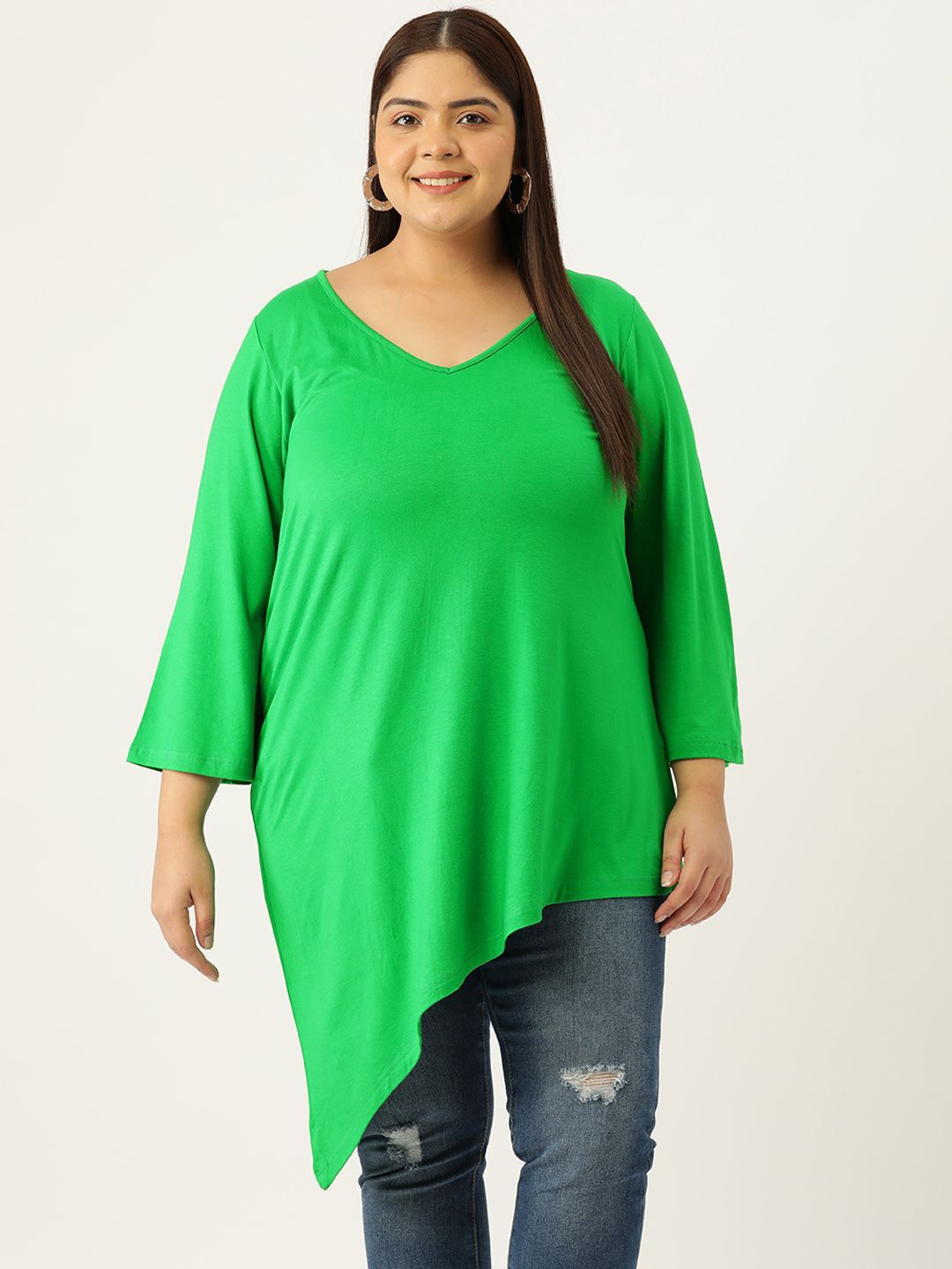 

theRebelinme Women Plus Size V-Neck Longline Top, Green